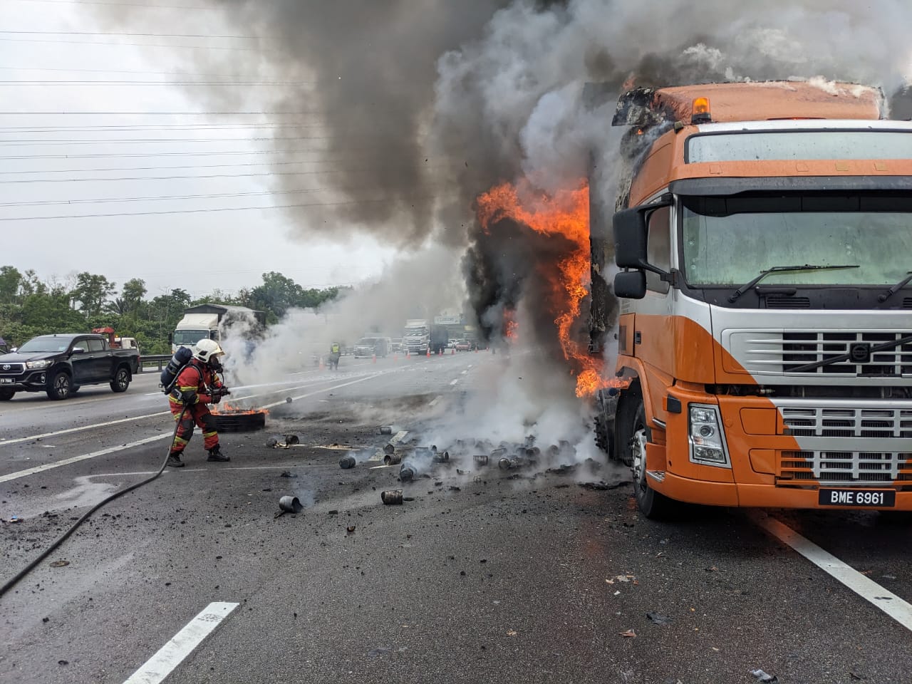 Lorry carrying formula milk up in flames on North-South Expressway