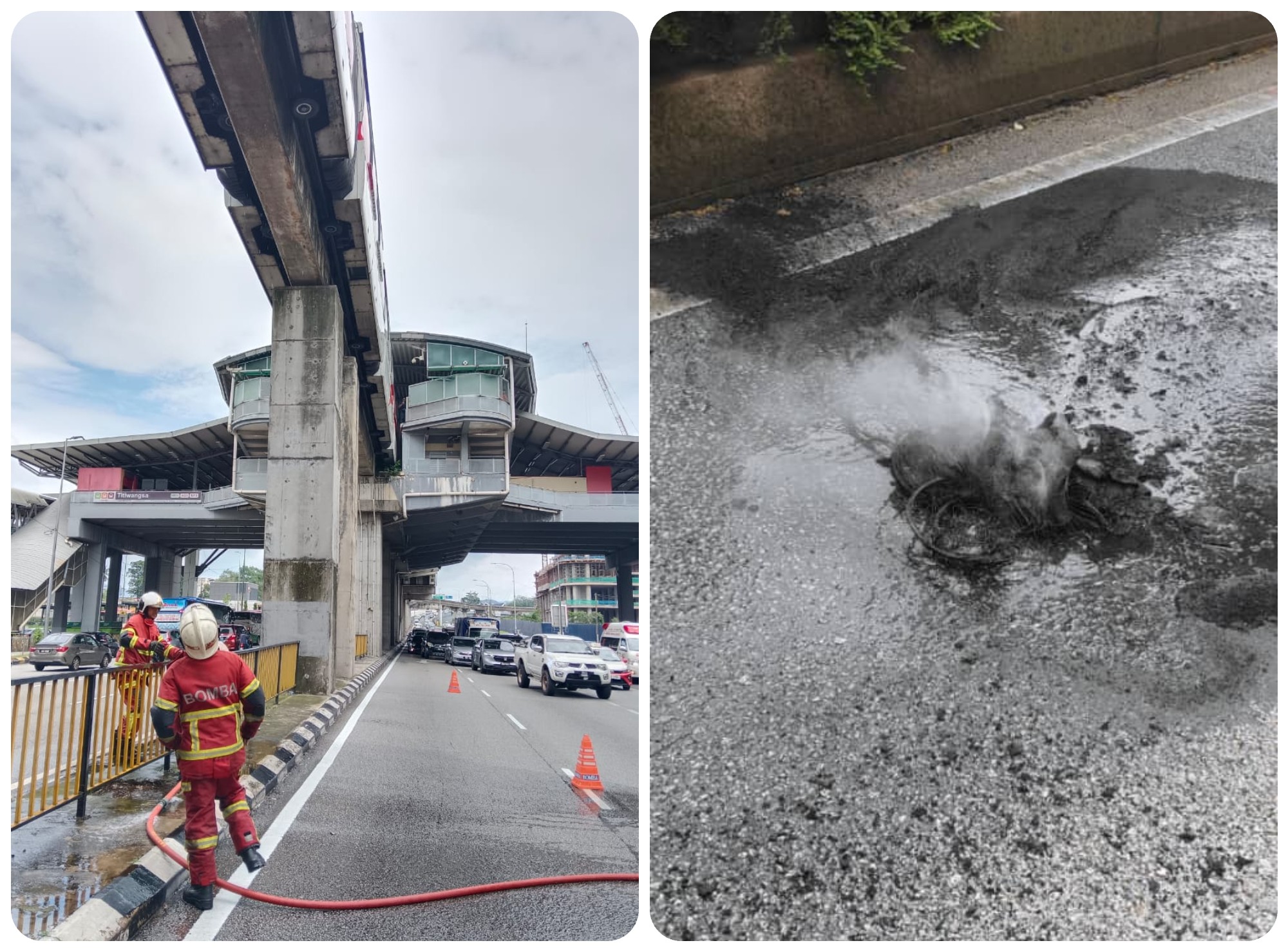 KL Monorail tire catches fire and falls on road below; no injuries reported